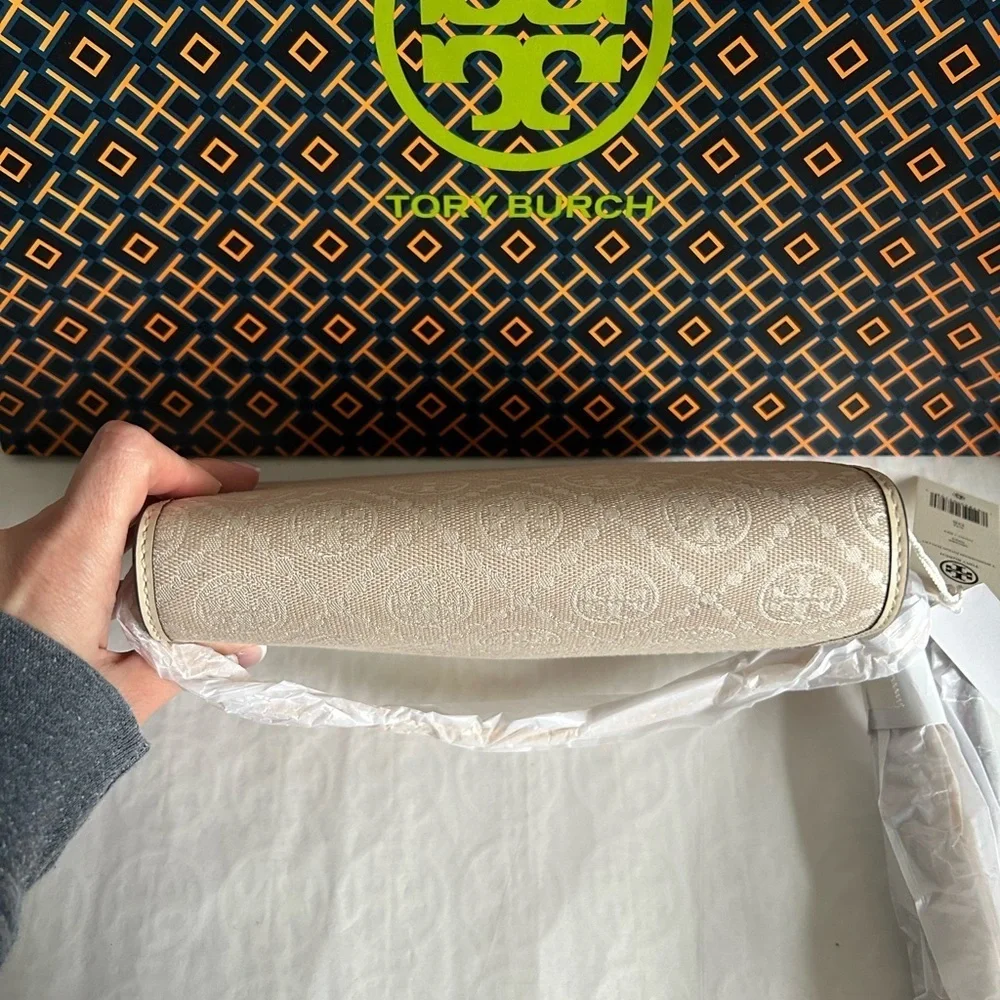 Tory Burch T Monogram Chain Wallet Crossbody Bag Ivory Gold Tan Cream Neutral